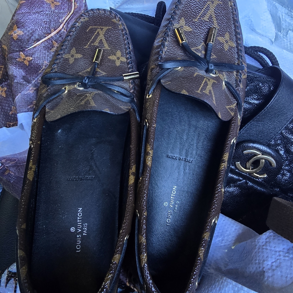 Louis Vuitton Monogram Loafers, Brown, Black With Gold Accents